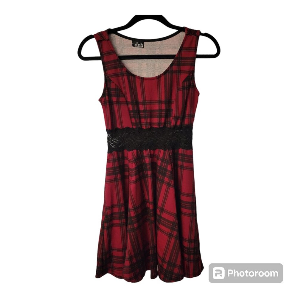 Deb Red Plaid Lace Detail Dress